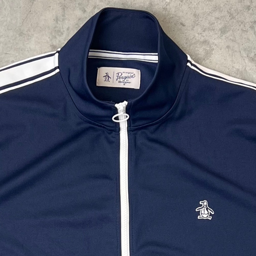 Original Penguin Navy Blue Track Jacket XXL White Sleeve Stripe Full Zip - Picture 2 of 11